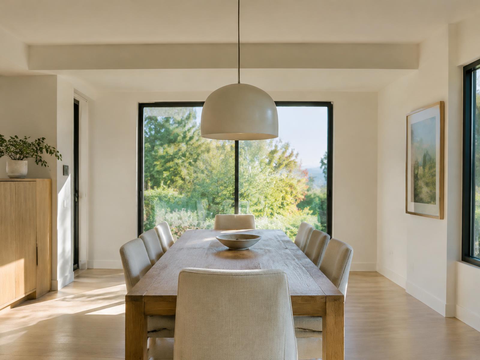 Sunlit dining room with oak table and garden view