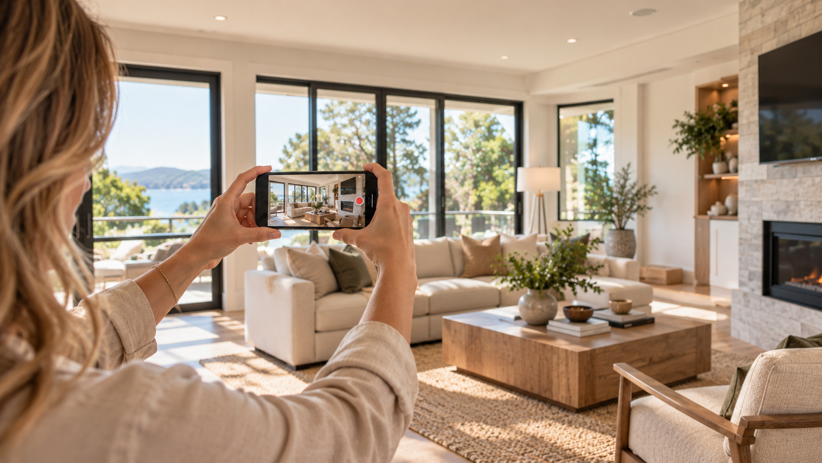 Realtor recording a walkthrough video of a bright living room on an iPhone